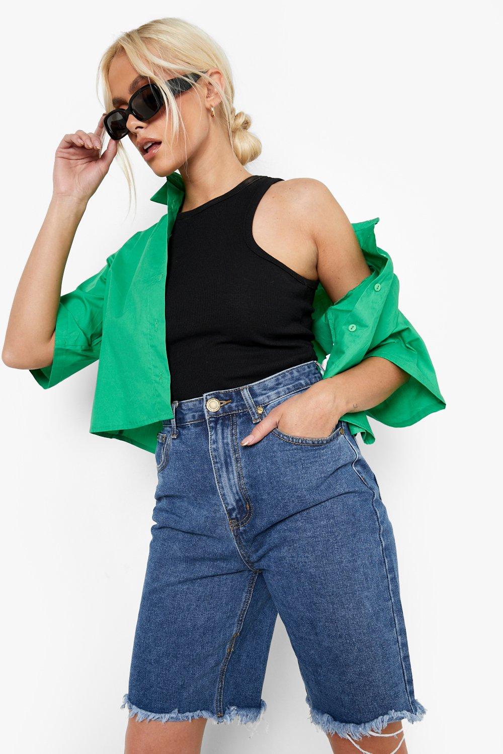 High Waisted Ripped Longline Denim Shorts boohoo